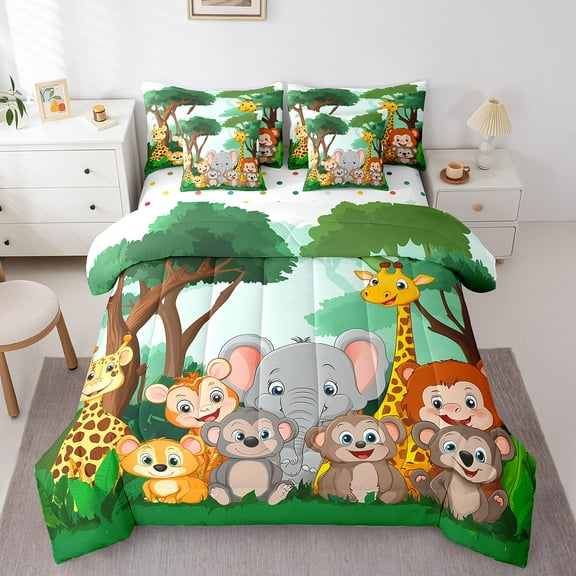Erosebridal Zoo Animal Bed in a Bag, Jungle Party Bed Set, Elephant Monkey Reversible Comforter Sets, Breathable Room Decor, 7 Pieces