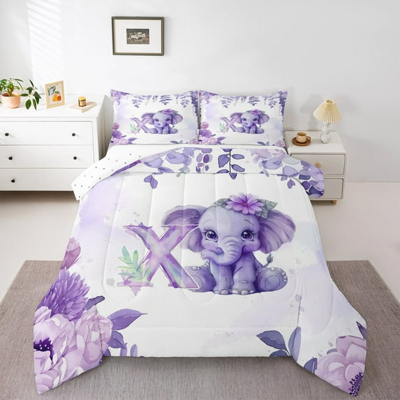 Erosebridal Zoo Animal Elephant Comforter Sets Twin Size,Letter X Comforters & Duvets,Purple Flower Floral Bedding Twin Comforter Set,Lightweight Bedroom Decoration Reversible,2-Piece