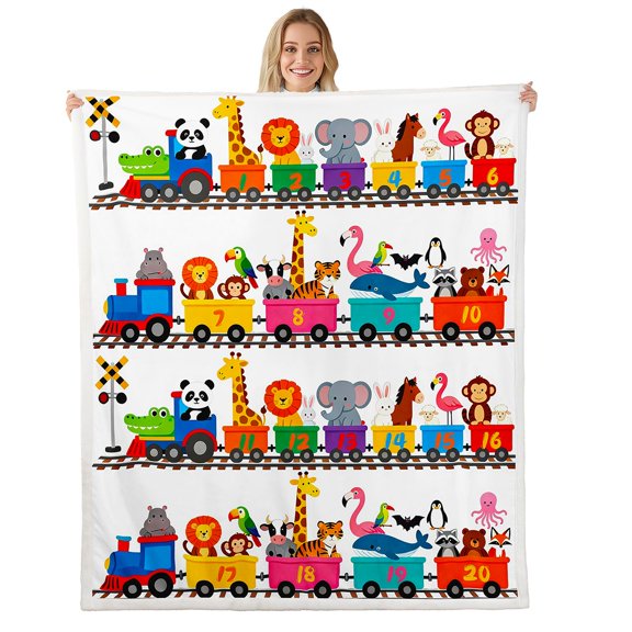 Erosebridal Zoo Animals Fleece Blanket Cartoon Train Sherpa Blanket, Cute Steam Engine Blanket Giraffe Lion Elephant Throw Blanket for Sofa, Number One to Twenty Flannel Blanket