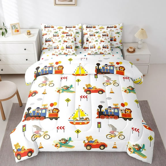Erosebridal Zoon Animals Bedding Sets Full Size, Train Truck Comforter Sets with Sheets, Funny Wildlife Reversible Bedding Full Size, Super Cozy Room Decoration, 7pcs