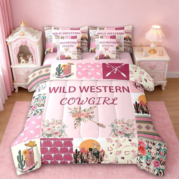 Erosebridal cowgirl bull skull Bedding Twin Size,Rustic Farmhouse Cabin Comforter Sets with Sheets,lightpink patchwork geometric plaid Bedding Sets Twin Size For Girls,Bedroom Decor Reversible,7pcs