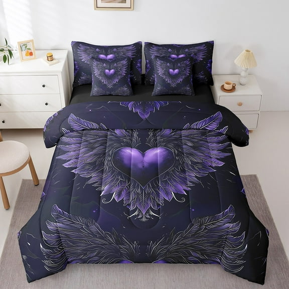 Erosebridal purple Loving Heart Bedding Sets Full Size,Gray Feather Wings Comforter Sets with Sheets ,Modern Abstract Art For Teens,Ultra Soft Bedroom Decoration Reversible,7-Piece