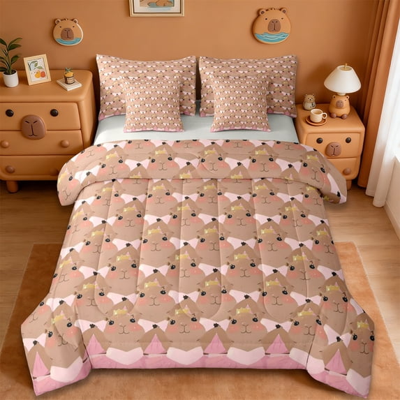 Erosebridal rodent Animal Capybara 7-Piece Bedding Comforter Set,Pink Brown King Bedding Sets For Kids ,Reversible Gray