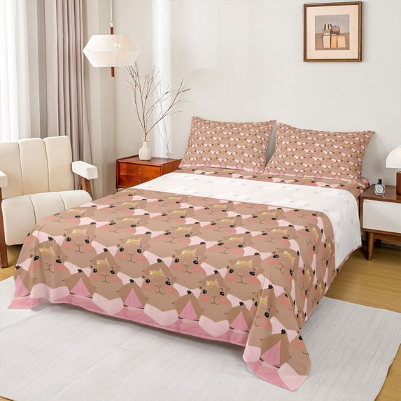 Erosebridal rodent Animal Capybara Queen Sheet Sets,Pink Brown Bed Set For Kids 4-Piece