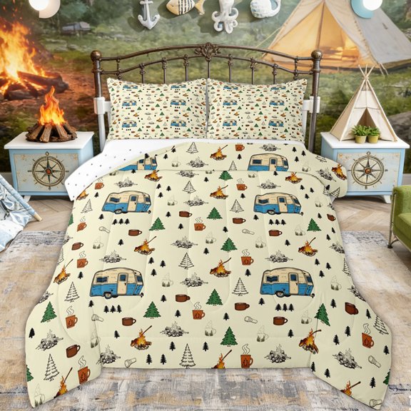 Erosebridal yELLOW RV Car Campfire Full Size Comforter Sets, Coffee Pine Tree Bedding Sets for Men and Women, 3pcs