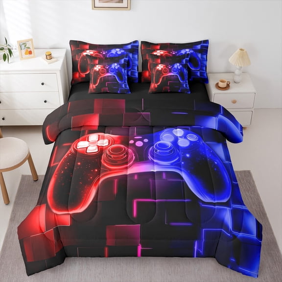 Erosebridal 7Pcs Gamer Comforter Set Full For Boys,Gaming Bedding Comforter Set,Video Games Gamepad Full Size Bed In A Bag,Neon Glowing Square Grid Red Blue Bed Sets With Comforter And Sheets