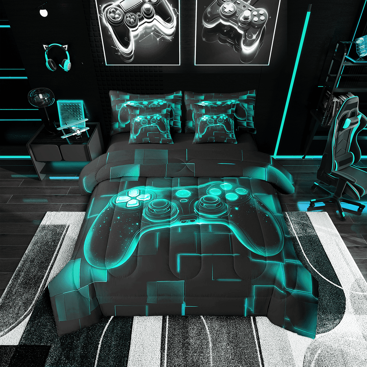 Erosebridal 7Pcs Gamer Comforter Set Full,Gaming Bedding Comforter Set,Video Games Gamepad Bed In A Bag Neon Glowing Square Geometric Grid Teal Bed Sets With Comforter And Sheets