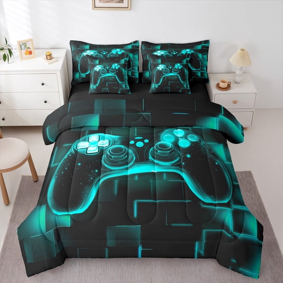 Erosebridal 7Pcs Gamer Comforter Set Full For Boys,Gaming Bedding Comforter Set,Video Games Gamepad Bed In A Bag Neon Glowing Square Geometric Grid Teal Bed Sets With Comforter And Sheets