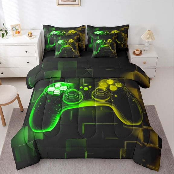 Erosebridal 7Pcs Gamer Comforter Set Full,Gaming Bedding Comforter Set,Video Games Gamepad Bed In A Bag Neon Glowing Square Geometric Grid Yellow Green Bed Sets With Comforter And Sheets