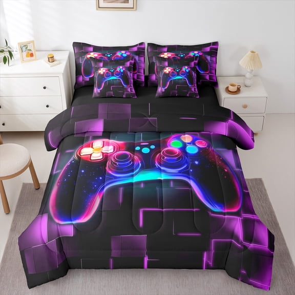Erosebridal Boys 7Pcs Gamer Comforter Set Queen,Gaming Bedding Comforter Set,Video Games Controller Gamepad Bed In A Bag Neon Glowing Square Geometric Grid Purple Bed Sets With Comforter And Sheets