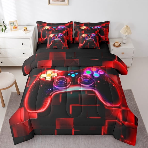 Erosebridal 7Pcs Gamer Comforter Set Queen For Boys,Gaming Bedding Comforter Set,Video Games Controller Gamepad Bed In A Bag Neon Glowing Square Geometric Grid Red Bed Sets With Comforter And Sheets