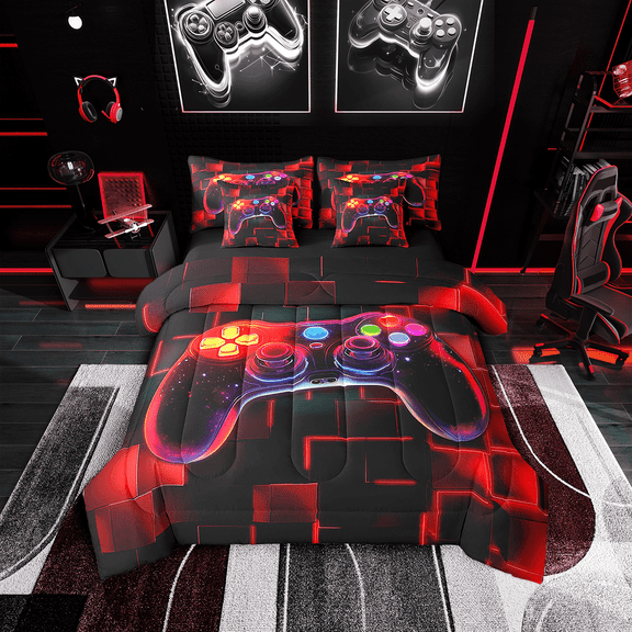Erosebridal 7Pcs Gamer Comforter Set Queen For Boys,Gaming Bedding Comforter Set,Video Games Controller Gamepad Bed In A Bag Neon Glowing Square Geometric Grid Red Bed Sets With Comforter And Sheets