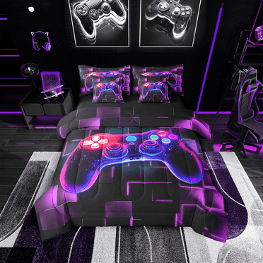Erosebridal 7Pcs Gamer Comforter Set Twin,Gaming Bedding Comforter Set,Video Games Controller Gamepad Bed In A Bag Neon Glowing Square Geometric Grid Purple Bed Sets With Comforter And Sheets