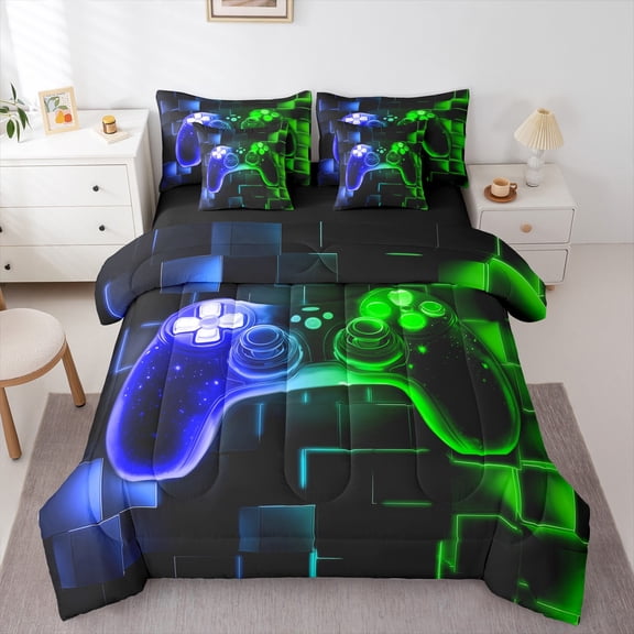 Erosebridal 7Pcs Kids Gamer Glow In The Dark Comforter Set Twin,Boys Gaming Bedding Comforter Sets With Sheets,Video Games Gamepad Bed In A Bag,Neon Glowing Square Grid Green Blue Bed Sets