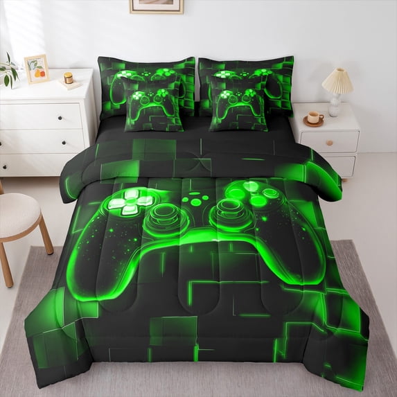 Erosebridal 7Pcs Gaming Comforter Set Twin For Boys,Gamer Bedding Comforter Set,Video Games Gamepad Bed In A Bag Neon Glowing Square Geometric Grid Green Bed Sets With Comforter And Sheets
