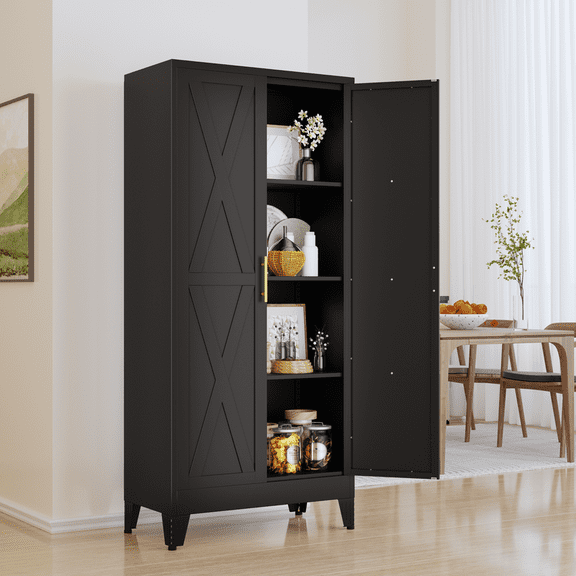Erosoei 61.02"H Metal China Hutch Storage Cabinet Hutch for Dining Room with 2 Doors and 3 Adjustable Shelves