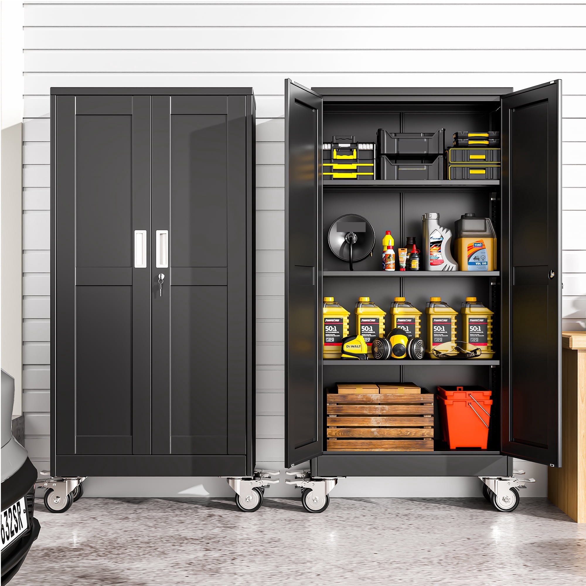 Erosoei 61"H Metal Garage Storage Cabinet with Wheels, Tool Storage Cabinet with 3 Adjustable Shelves