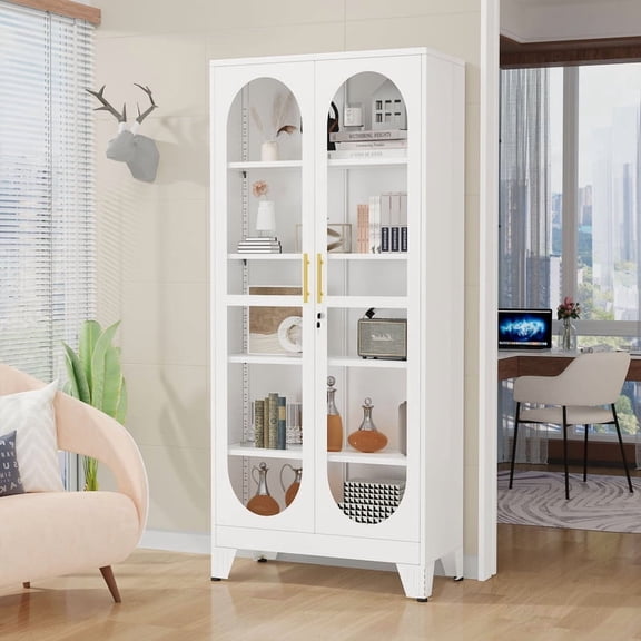 Erosoei 70.87"H Metal Display Storage Cabinet with Glass Doors and Adjustable Shelves White