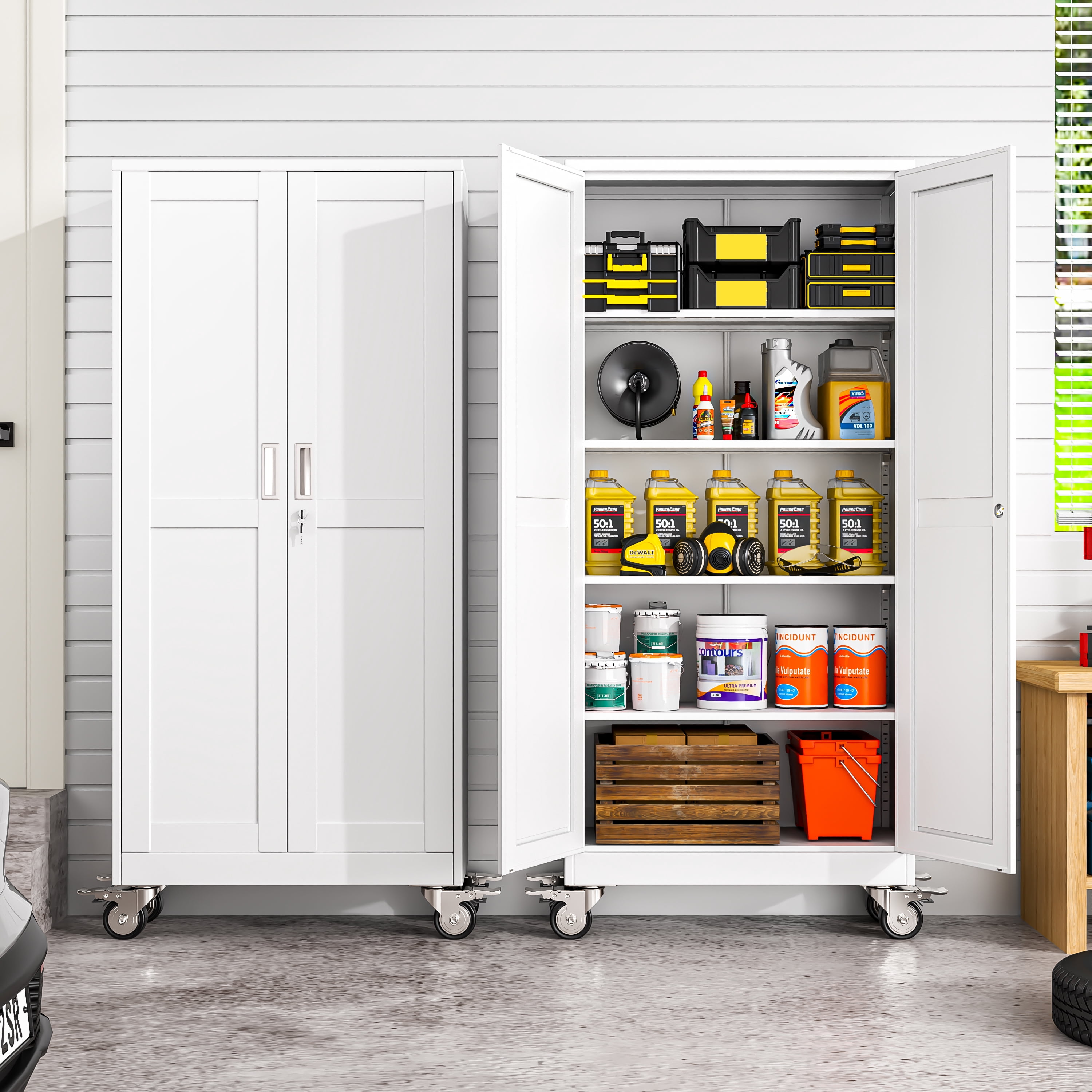 Erosoei 71"H Metal Garage Storage Cabinet with Wheels, Tool Storage Cabinet with 4 Adjustable Shelves