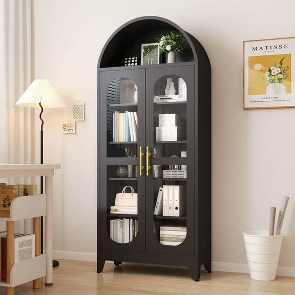 Erosoei 73" Metal Arched Display Cabinet with Glass Doors and Adjustable Shelves for Collectibles