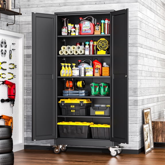 Erosoei 75"H Metal Garage Storage Cabinet with Wheels, Tool Storage Cabinet with 5 Adjustable Shelves