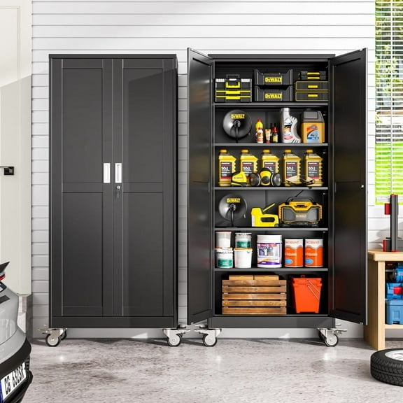 Erosoei 75"H Metal Garage Storage Cabinet with Wheels, Tool Storage Cabinet with 5 Adjustable Shelves