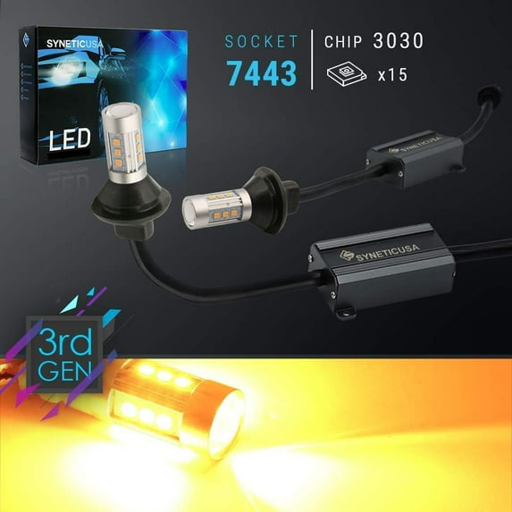 Error Free Canbus Ready Yellow/Amber LED Front/Rear Turn Signal Light Bulbs DRL Parking Lamp No Flicker All in One (7443)