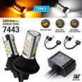 thumbnail image 1 of Error Free White/Amber 7443 LED DRL Switchback Turn Signal Parking Light Bulbs, 1 of 5