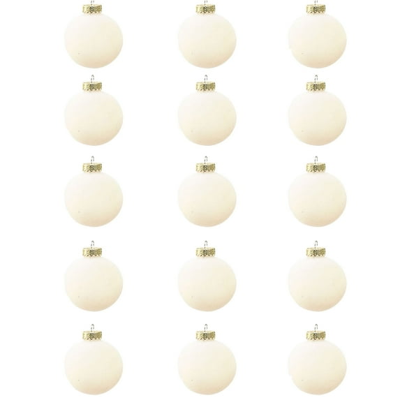 Ersazi 15-Pc Flocked Cream Christmas Ornaments Set - Velvet Finish with Shatterproof Plastic Balls - 3.14 Inch White - After-Holiday Clearance