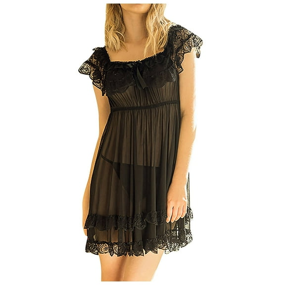 Ersazi Adult Christmas Pajamas Sexy Lace Bowknot -Neck Sleepwear Nightdress Pajamas Black 5Xl