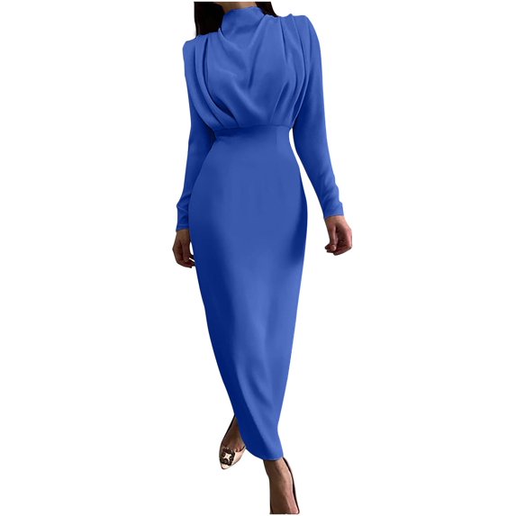Ersazi Casual Dresses for Women Woman Solid Color Long Sleeve Waist in Fashion Fallow Commuting Long Dress Dark Blue 3Xl