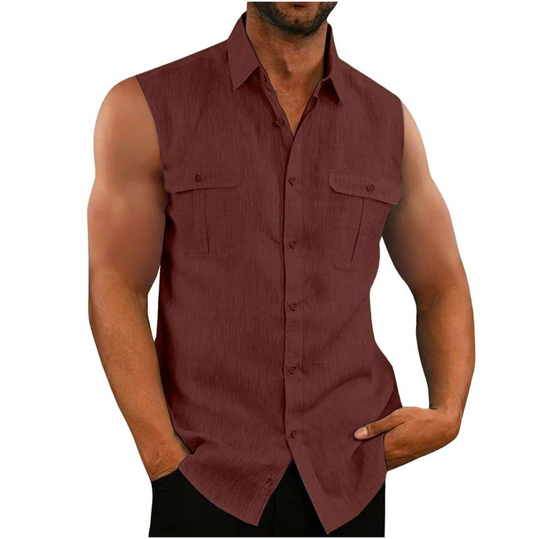 Ersazi Clearance Huk Fishing Shirts for Men Men Casual Fashion Solid  Turn-down Collar Sports Sleeveless Double Pocket Tank Tops Workout Tops 1-  Wine