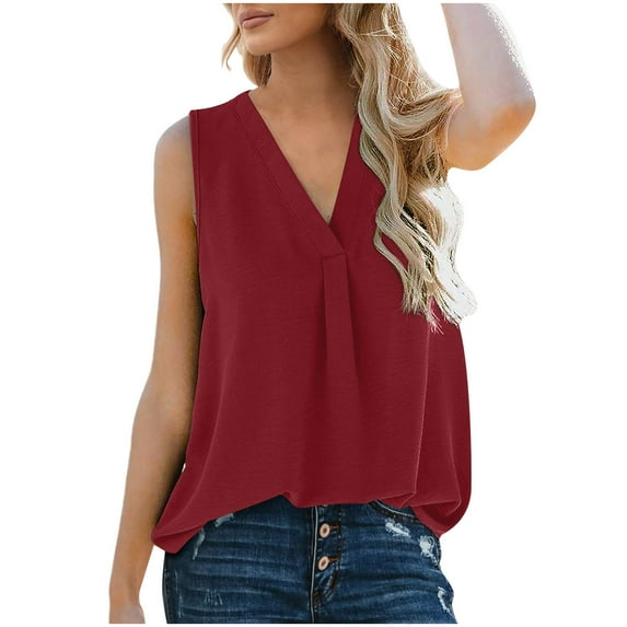 Ersazi Comfy Clothes for Women Women Blouse T-Shirt Tunic Tops Loose Casual Sleeveless V-Neck Solid Casual Red Xl