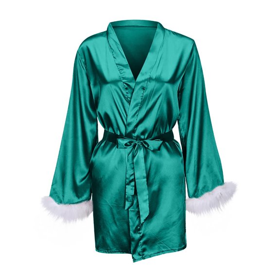 Ersazi Couple Pajamas Women'S Sexy Solid Color Feather Robe 1 Piece Set Green Xxxl