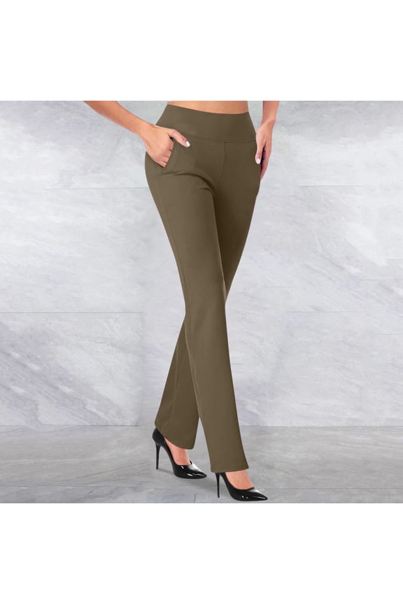 Ersazi Dress Pants for Women Casual Temperament Pockets Solid Color Micro Pull Slim Flare Trousers Womens Golf Pants Brown L