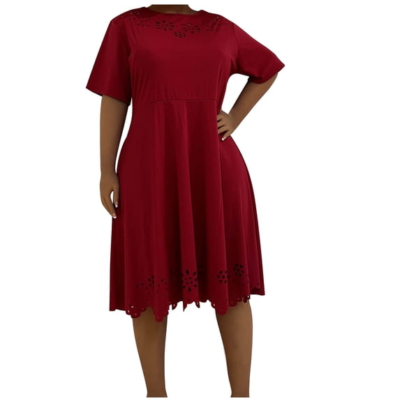 Ersazi Dresses for Women Fashion Women’s Solid Burnt Flower Hollow Short Sleeve Round-neck Maxi Summer Loose Dress Blazer Dress ,Red,3XL