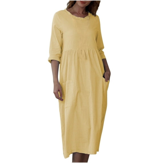Ersazi Dresses for Women Casual Women's Spring And Solid Color Three-Quarter Sleeve Round Neck Casual Loose Pocket Dress Yellow M