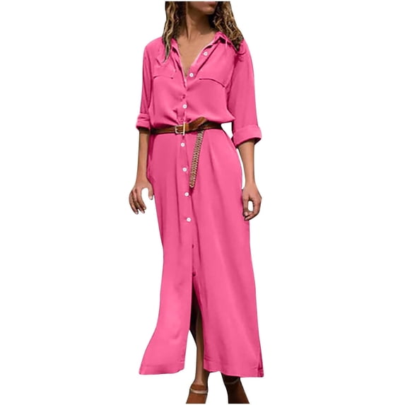 Ersazi Dresses for Women 2024 Fashion Women Summer Casual Solid Dress V-Neck Long Sleeve Loose Dress Pink Xxl