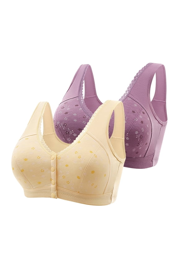 Ersazi Lacy Bras for Women 2Pc Women Sexy Front Buckle for Middle-Aged And Elderly Underwear Soft Cotton Oversized Tank Top Without Steel Ring Printed Bra Purple L