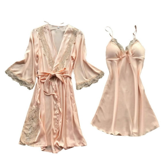 Ersazi Ladies Fashion Comfortable Solid Color Lace Suspenders Pajamas Dress Woman Nightgown Home Clothes Suit Christmas Family Pajamas Matching Sets Beige L