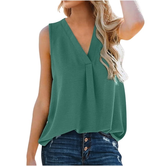 Ersazi Ladies Tops Women Blouse T-Shirt Tunic Tops Loose Casual Sleeveless V-Neck Solid Casual Blue Xl