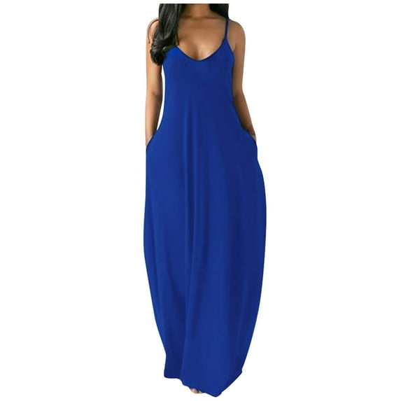 Ersazi Long Dresses for Women Casual In Clearance Fashion Women Sexy Plus Size Sleeveless Pockets Camisole Long Dress Bodycon Dresses for Women Blue Xxl