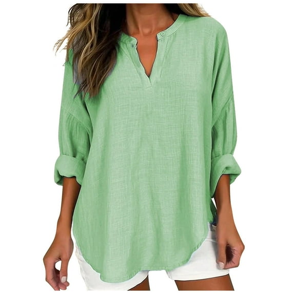 Ersazi Long Sleeve Crop Top Women'S Fashion V-Neck Cotton Hemp Pullover Solid Loose Long Sleeve Shirt Green Oversized Sweatshirt For Women Xxl