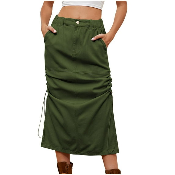 Ersazi Maternity Dress Women's Spring/Summer Denim Casual Wear Pocket Skirt Casual Mid Length Skirt Army Green Xl