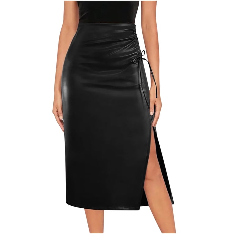 YUTK Ersazi Maxi Dress Sale Women's Casual Sexy High Waisted Drawstring Pleated Slit Zippered Leather Skirt Half Skirt Black Xl