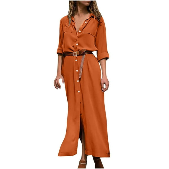 Ersazi Maxi Dress for Women on Clearance Fashion Women Summer Casual Solid Dress V-Neck Long Sleeve Loose Dress Orange S