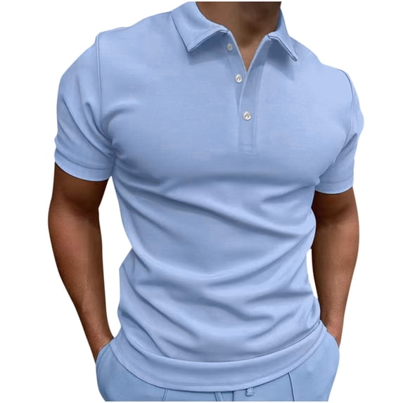 Ersazi Men Casual Solid Turndown Pullover Button Short Sleeve Blouse Tops Mens Fashion Tops Light Blue M
