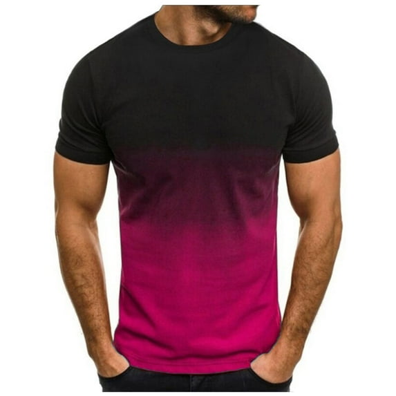 Ersazi Mens Slim T-Shirt Contrast Color Tee Gradient Short-Sleeve Summer Tops Crewneck Casual Shirts Workout Tshirts Casual Tops For Men Hot Pink 2Xl