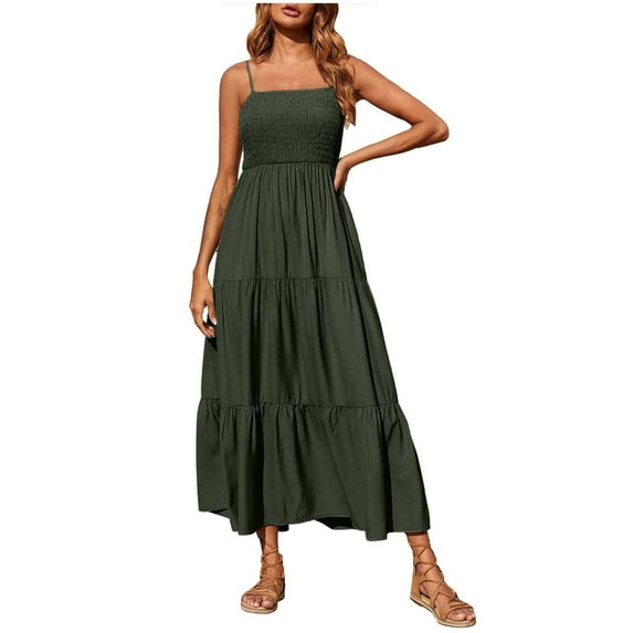 Ersazi Midi Skirt Bohemian Spaghetti Strap Smocked Tiered Long Beach Sun Dresses Sleeveless Solid Maxi Dress Skirts With Shorts Underneath Green S