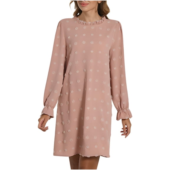 Ersazi Modest Dresses for Women Women Casual Fashion Solid Bubble Embroidered Furball Loose Long Sleeve Round Neck Dress Pink S